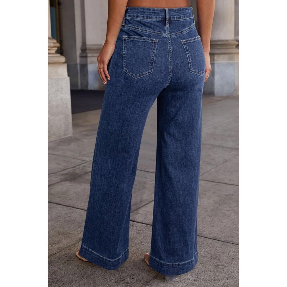 Women's Bluing Waisted Wide Leg Denim Jeans Stretchy Loose Pants with Pockets - Picture 5 of 5
